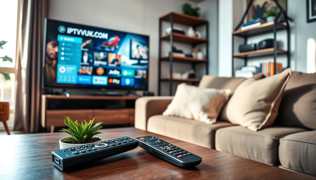 A close-up scene of a cozy living room setup for an IPTV streaming guide. In the foreground, a stylish modern TV displaying the IPTVVUK.COM interface, showcasing various streaming options. A sleek remote control lies casually on a coffee table adorned with a small potted plant. In the middle, a comfortable couch with a soft throw pillow invites viewers to relax. The background features a shelf with tech gadgets and books on streaming, evoking a homey atmosphere. Soft natural lighting filters through a nearby window, casting gentle shadows that accentuate the details. The perspective is slightly tilted for a dynamic angle, creating a warm, inviting feel that encourages viewers to dive into their IPTV setup journey.