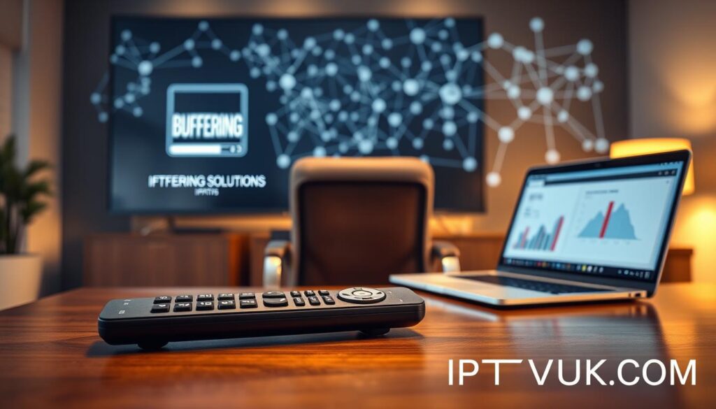 A close-up view of a modern workspace featuring a high-resolution television displaying an animated "buffering" icon, representing IPTV buffering solutions. In the foreground, a sleek, black remote control rests on a polished wooden table next to a laptop showing a performance analysis chart. In the middle ground, a stylish office chair faces the TV, with a cozy ambiance highlighted by soft, warm lighting. In the background, abstract graphics of interconnected networks and data streams create a tech-savvy atmosphere. Use a shallow depth of field for a professional look, emphasizing the remote and laptop while softly blurring the background. The scene should evoke a sense of innovation and problem-solving in IPTV technology. Prominently feature the brand name "IPTVVUK.COM" subtly in the design elements.