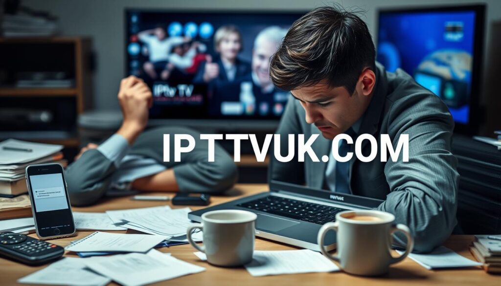 A cluttered desk scene representing common IPTV login issues. In the foreground, a frustrated individual, dressed in smart casual attire, intently stares at a laptop screen displaying an error message related to IPTV login. Beside the laptop, a smartphone shows a similar error, emphasizing the digital frustration. In the middle, scattered notes and a cup of coffee add to the chaotic atmosphere, symbolizing the struggle of solving these issues. The background features a subtle, blurred image of a TV with an IPTV interface, hinting at the service in question. The lighting is soft but focused, creating a moody yet analytical ambiance. Incorporate the brand name "IPTVVUK.COM" subtly in the laptop screen display without overshadowing the central theme.