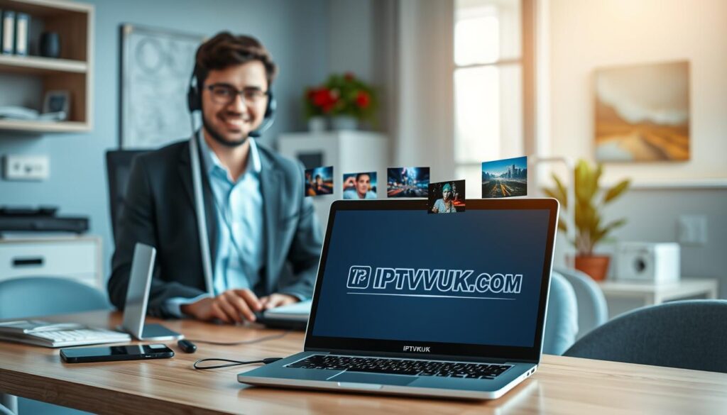A cozy customer service environment featuring a neatly organized desk where a professional support agent is assisting a client. The agent is wearing smart casual clothing, and their expression is friendly and attentive. In the foreground, the desk has modern technology including a computer displaying IPTV-related information and a headset. The middle ground includes an open laptop showing the IPTVVUK.COM logo prominently while images of streaming content float around, symbolizing quality customer support in the digital age. The background features a well-lit office space with soft blue and white tones, creating a welcoming atmosphere. Soft natural light streams in from a nearby window, enhancing a feeling of professionalism and approachability. The overall mood is positive, emphasizing trust and quality in customer support.