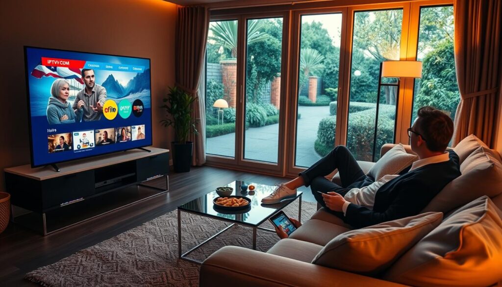 A cozy living room scene showcasing a modern IPTV streaming experience. In the foreground, a sleek smart TV displays a vibrant interface with various streaming options from IPTVVUK.COM, reflecting a user-friendly design. A comfortable sofa adorned with soft cushions is centered, with a person in smart casual attire engrossed in watching, holding a remote. In the middle ground, there's a stylish coffee table with snacks and a tablet displaying a secondary screen of content. The background features warm ambient lighting from a floor lamp, enhancing a relaxed atmosphere, while large windows reveal a serene garden outside, suggesting a peaceful home environment. The overall mood is inviting and modern, perfect for enjoying seamless IPTV streaming.