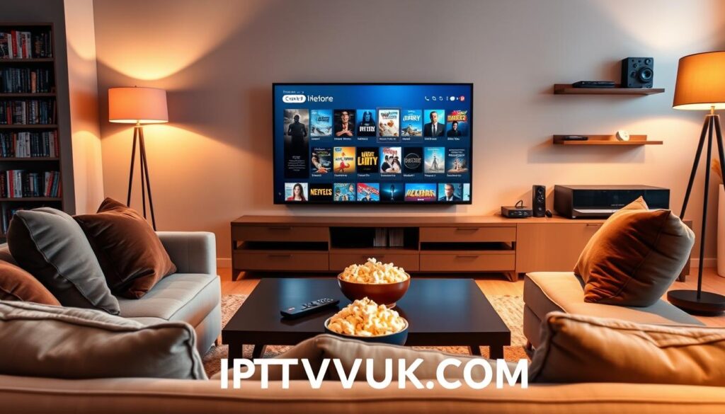 A cozy living room scene showcasing a sleek, modern television displaying an IPTV on-demand library interface. In the foreground, a comfortable sofa adorned with plush cushions invites viewers to relax. The middle ground features a stylish coffee table with a remote control and a bowl of popcorn, symbolizing the home viewing experience. Bright, warm lighting from a floor lamp creates a welcoming atmosphere, while soft shadows enhance depth. In the background, shelves lined with physical movie DVDs and digital devices emphasize the blend of traditional and modern streaming options. The overall mood is inviting and cinematic, perfect for movie and TV show lovers. Include the brand name “IPTVVUK.COM” subtly integrated into the scene design. A cozy living room scene showcasing a sleek, modern television displaying an IPTV on-demand library interface. In the foreground, a comfortable sofa adorned with plush cushions invites viewers to relax. The middle ground features a stylish coffee table with a remote control and a bowl of popcorn, symbolizing the home viewing experience. Bright, warm lighting from a floor lamp creates a welcoming atmosphere, while soft shadows enhance depth. In the background, shelves lined with physical movie DVDs and digital devices emphasize the blend of traditional and modern streaming options. The overall mood is inviting and cinematic, perfect for movie and TV show lovers. Include the brand name “IPTVVUK.COM” subtly integrated into the scene design.