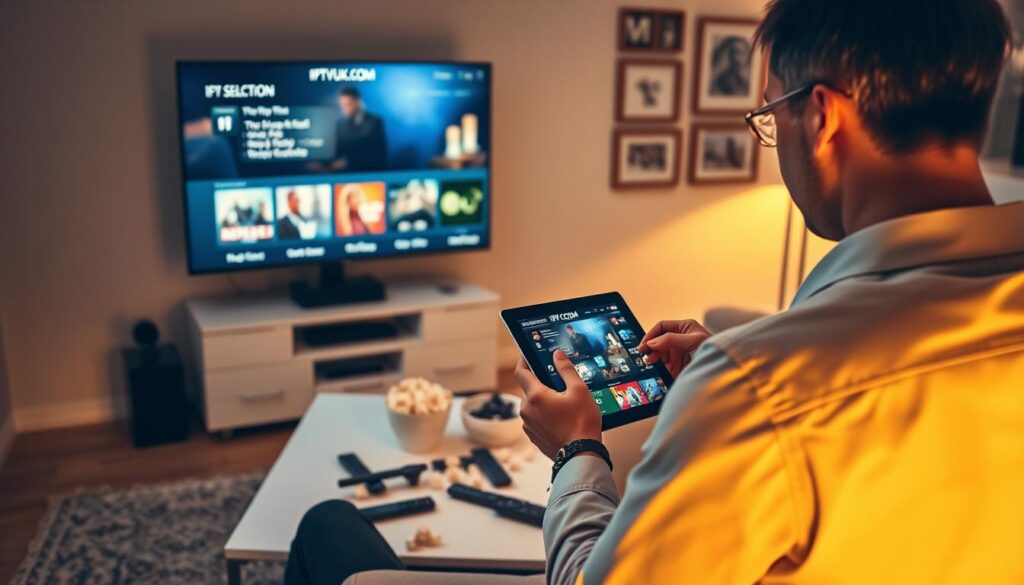 A cozy living room setting bathed in warm, inviting light, featuring a stylish television displaying the IPTV service selection interface, specifically branded with "IPTVVUK.COM". In the foreground, a person dressed in smart casual attire, intently browsing through various IPTV portal categories on a tablet, reflecting concentration and curiosity. In the middle ground, a modern, comfortable couch and a sleek coffee table cluttered with remote controls and popcorn, symbolizing a relaxed viewing experience. The background consists of tasteful wall decor and soft lighting to create a homely atmosphere. The image conveys a feel of ease and modern technology, ideal for cord-cutters exploring their IPTV options. The angle should be slightly elevated to capture both the person and the television screen prominently. A cozy living room setting bathed in warm, inviting light, featuring a stylish television displaying the IPTV service selection interface, specifically branded with "IPTVVUK.COM". In the foreground, a person dressed in smart casual attire, intently browsing through various IPTV portal categories on a tablet, reflecting concentration and curiosity. In the middle ground, a modern, comfortable couch and a sleek coffee table cluttered with remote controls and popcorn, symbolizing a relaxed viewing experience. The background consists of tasteful wall decor and soft lighting to create a homely atmosphere. The image conveys a feel of ease and modern technology, ideal for cord-cutters exploring their IPTV options. The angle should be slightly elevated to capture both the person and the television screen prominently.