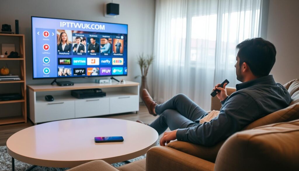 A cozy living room setting featuring a modern smart TV displaying the IPTVVUK.COM interface, prominently showcasing various channels and content options. In the foreground, there is a sleek coffee table with a remote control and a smartphone, illustrating the connectivity and ease of operation. A comfortable sofa is visible, with a relaxed individual in professional casual attire, intently navigating the IPTV menu. Soft, warm lighting enhances the inviting atmosphere, while natural light filters through a nearby window, adding a touch of realism. In the background, shelves with tech gadgets and decorative items subtly emphasize a tech-savvy environment. The image captures a seamless IPTV experience, indicative of contemporary home entertainment.