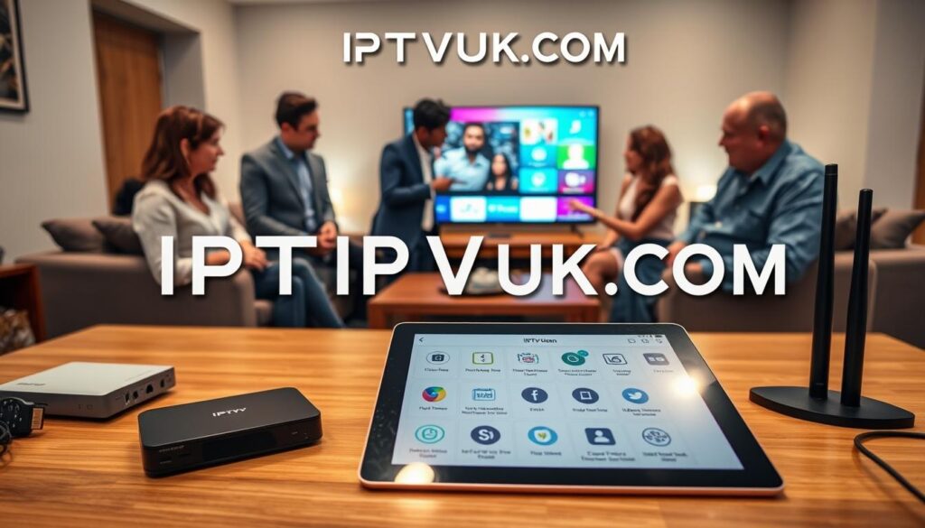 A detailed IPTV setup guide laid out on a clean wooden table, surrounded by necessary equipment: a sleek IPTV box, remote control, HDMI cables, and a router. In the foreground, a well-organized tablet displays step-by-step instructions with clear, visual icons. The middle ground features a professional-looking, diverse group of individuals in casual yet neat attire, engaged in discussion, examining the setup, and pointing at the tablet with expressions of enthusiasm and curiosity. The background shows a cozy living room setup with a large TV displaying the IPTV interface in vibrant colors. The lighting is bright and inviting, creating a warm atmosphere. The brand name "IPTVVUK.COM" is subtly incorporated into the setup elements, without text overlays or watermarks.