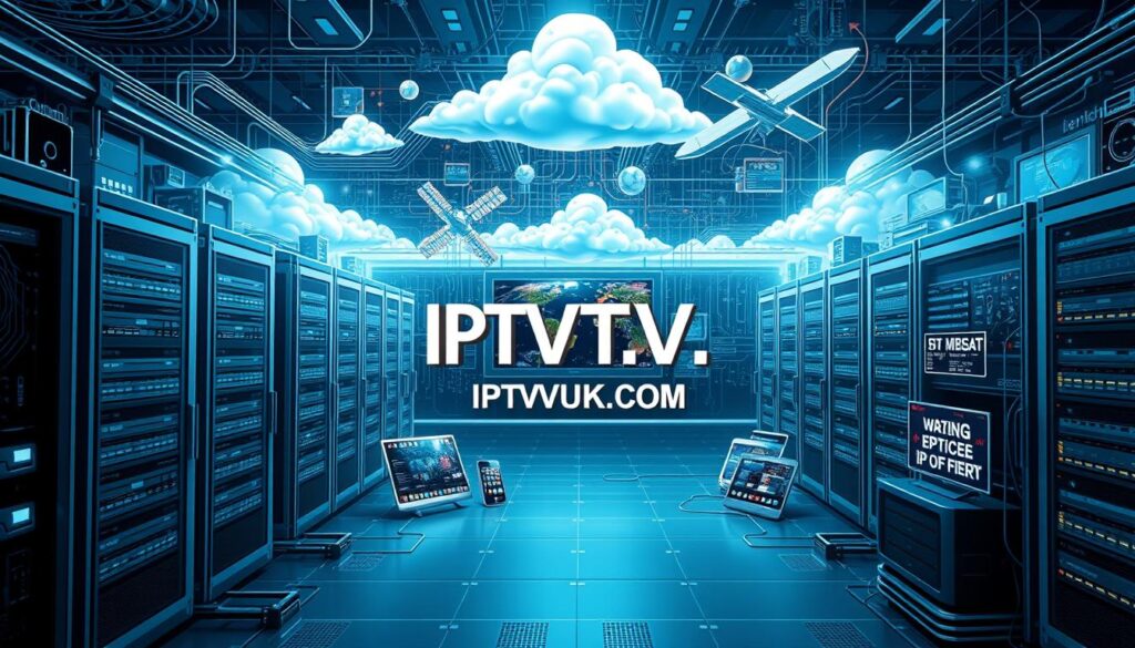 A detailed, high-tech illustration of IPTV network architecture. In the foreground, showcase sleek servers and data centers, intricately wired with fiber optic cables, exhibiting advanced technology and connectivity. The middle layer should depict various devices such as smart TVs, tablets, and smartphones, seamlessly integrated into the system, streaming content. The background features a digital representation of cloud services and satellite communications, symbolizing the vast network coverage. Use dramatic, cool lighting to convey a modern, tech-savvy atmosphere, with sharp angles and a dynamic perspective. The overall mood is innovative and forward-looking, emphasizing the sophisticated infrastructure of IPTV. Include the brand name "IPTVVUK.COM" subtly integrated into the design without distracting from the technical elements.
