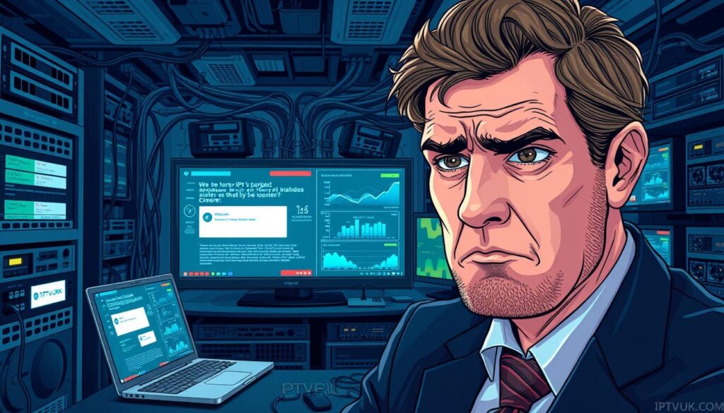 A detailed illustration representing "IPTV technical challenges" in a modern digital environment. In the foreground, a close-up view of a frustrated technician in business attire, surrounded by complex network devices and a laptop displaying error messages. The middle layer features a digital screen displaying buffering icons and glitchy streams, symbolizing connectivity issues. The background includes a room filled with cable connections, routers, and monitors with charts showing data trends, creating a sense of chaos and urgency. Use dramatic, cool lighting to highlight the technician's expression and emphasize the mood of frustration and technical struggle. The overall atmosphere should reflect the potential drawbacks and limitations of IPTV technology. Include the brand name "IPTVVUK.COM" subtly integrated within the scene.