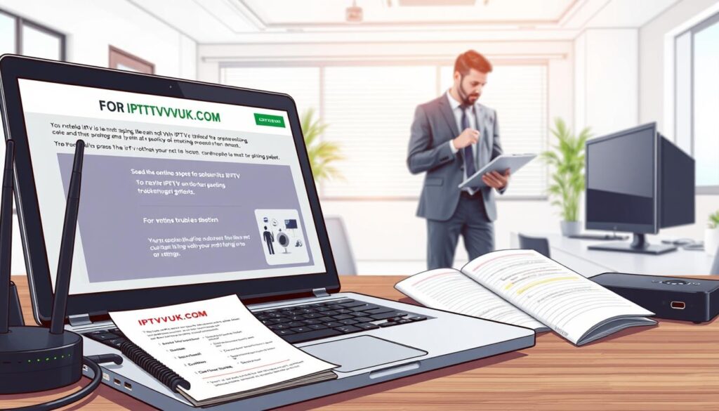A detailed illustration showing a well-organized troubleshooting workspace. In the foreground, a laptop displays the IPTVVUK.COM website with detailed IPTV troubleshooting steps, surrounded by technical gadgets like a router, cables, and a notepad with highlighted notes. In the middle ground, a professional figure in smart casual attire is focused on resolving IPTV issues, inspecting connections and checking settings on a tablet. The background features a clean, modern office space with a soft, inviting light filtering through a window, creating a calm atmosphere conducive to problem-solving. The image conveys a sense of clarity, efficiency, and professionalism, ideal for depicting common IPTV troubleshooting solutions.