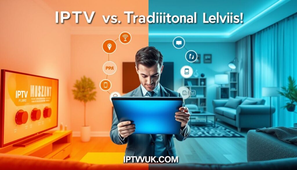 A dynamic comparative image illustrating "IPTV vs. Traditional Television." In the foreground, a modern living room setting showcases a sleek smart TV with the IPTV interface visible on the screen, glowing softly in warm light. To the left, a traditional television set features analog dials, displaying static, evoking nostalgia. The middle ground features a person in professional business attire interacting with a tablet, demonstrating IPTV streaming, while keys to content variety and accessibility are symbolized by streaming icons around them. In the background, contrasting environments depict a cozy, tech-savvy space on one side and an older, more conventional decor on the other. The lighting is bright and vivid, creating an inviting atmosphere that emphasizes innovation vs. tradition. Ensure "IPTVVUK.COM" is subtly incorporated into the design elements without appearing as text.