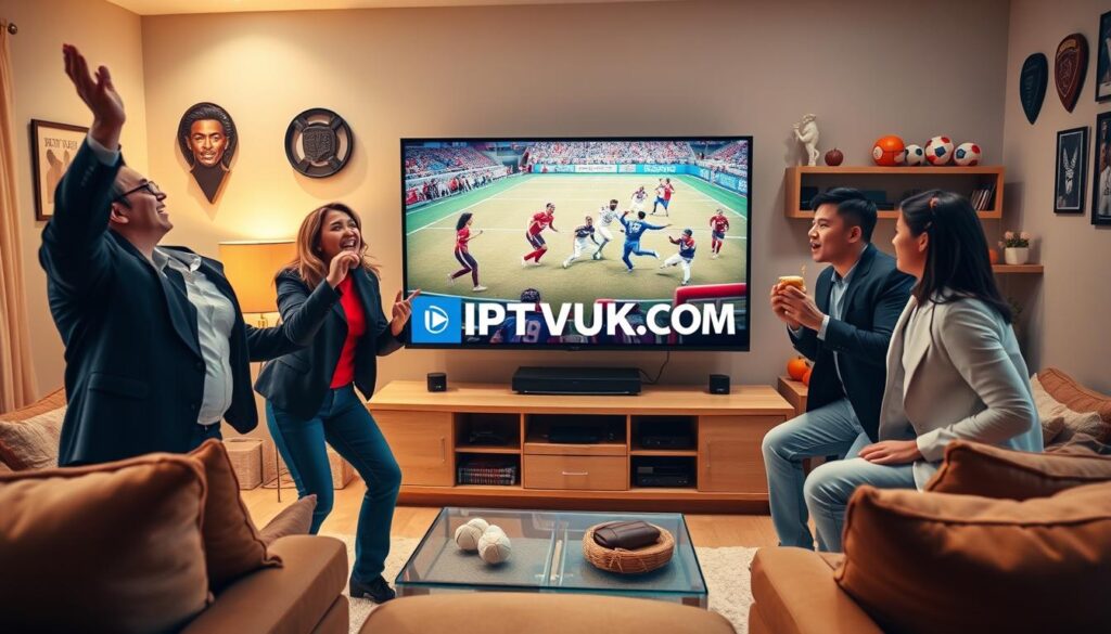 A dynamic living room scene with a large flat-screen TV showcasing a vibrant sports event, illustrating IPTV sports streaming. In the foreground, a diverse group of four friends in smart casual clothing, excitedly cheering and holding snacks, create a lively atmosphere. The middle ground features the TV displaying players in action, with the IPTVVUK.COM logo subtly integrated in a corner. The background consists of a cozy, well-decorated space with sports memorabilia and comfortable furniture. Soft, warm lighting casts an inviting glow, emphasizing camaraderie and excitement. The angle is slightly angled upward, capturing the joy and engagement of watching sports together. The overall mood is energetic and enthusiastic, perfect for sports enthusiasts enjoying IPTV streaming. A dynamic living room scene with a large flat-screen TV showcasing a vibrant sports event, illustrating IPTV sports streaming. In the foreground, a diverse group of four friends in smart casual clothing, excitedly cheering and holding snacks, create a lively atmosphere. The middle ground features the TV displaying players in action, with the IPTVVUK.COM logo subtly integrated in a corner. The background consists of a cozy, well-decorated space with sports memorabilia and comfortable furniture. Soft, warm lighting casts an inviting glow, emphasizing camaraderie and excitement. The angle is slightly angled upward, capturing the joy and engagement of watching sports together. The overall mood is energetic and enthusiastic, perfect for sports enthusiasts enjoying IPTV streaming.