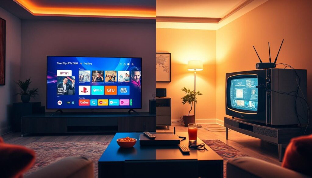 A dynamic split-screen image contrasting IPTV and Traditional TV. In the foreground, depict a modern living room with a sleek IPTV setup, featuring a large flat-screen TV displaying a colorful streaming interface, surrounded by remote controls and a streaming device labeled "IPTVVUK.COM". On the opposite side, show an older-style TV with rabbit ear antennas, displaying a traditional cable interface, cluttered with a tangle of wires and a cable box. In the middle ground, subtly include a coffee table with snacks and drinks to create a casual atmosphere. The background is softly lit, evoking a cozy evening setting. Use warm tones for the IPTV side and slightly cooler tones for the Traditional TV side, creating an inviting yet contrasting mood that illustrates the evolution of viewing experiences.