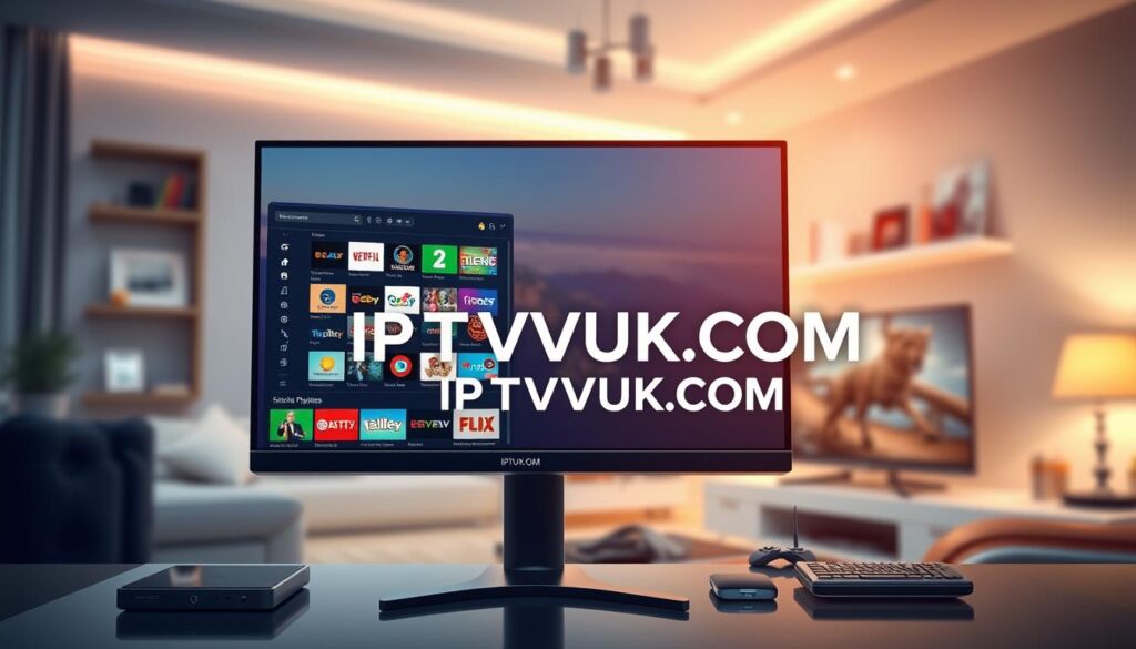 A high-quality digital illustration depicting the concept of "M3U playlists and EPG support" in the context of IPTV streaming. In the foreground, a sleek, modern computer monitor showcases an open media player application displaying an M3U playlist filled with colorful channel icons and a visually engaging electronic program guide (EPG). In the middle, various multimedia devices like smartphones and smart TVs are interconnected, hinting at the versatility of using M3U playlists. The background features a soft-focus home entertainment setting with ambient lighting that suggests a cozy viewing environment. The overall mood is one of technology and accessibility, promoting a seamless streaming experience. Subtly include the brand name "IPTVVUK.COM" in a modern font on the monitor screen, ensuring it blends well with the design.