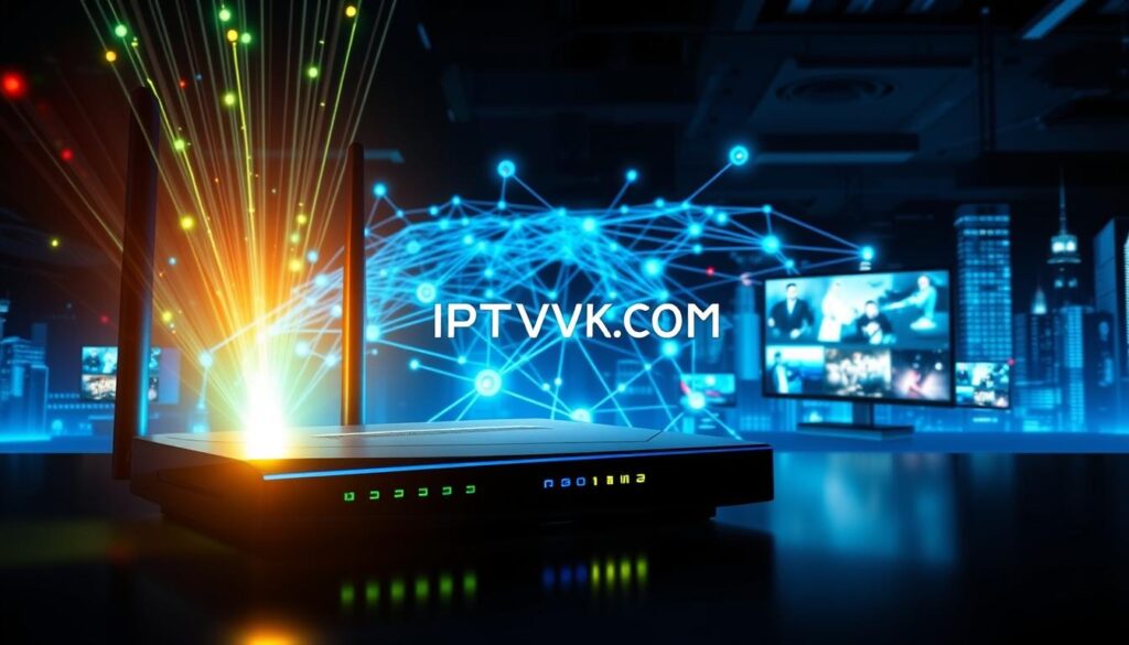 A high-tech, visually engaging concept image depicting IPTV transmission protocols. In the foreground, a sleek, modern router emitting glowing data signals, representing the transmission of digital content. The middle ground features a detailed digital map, showcasing network connections and streaming paths with vibrant lines and nodes symbolizing data flow. In the background, a stylized representation of a city skyline with various screens displaying dynamic content, such as live TV streams and online media. Use dramatic lighting with blue and green tones to convey a sense of innovation and technology. The composition should be captured from a slightly elevated angle, providing a broad view of the IPTV ecosystem. Incorporate the brand name "IPTVVUK.COM" subtly within the design, ensuring it complements the visual theme without overpowering it.