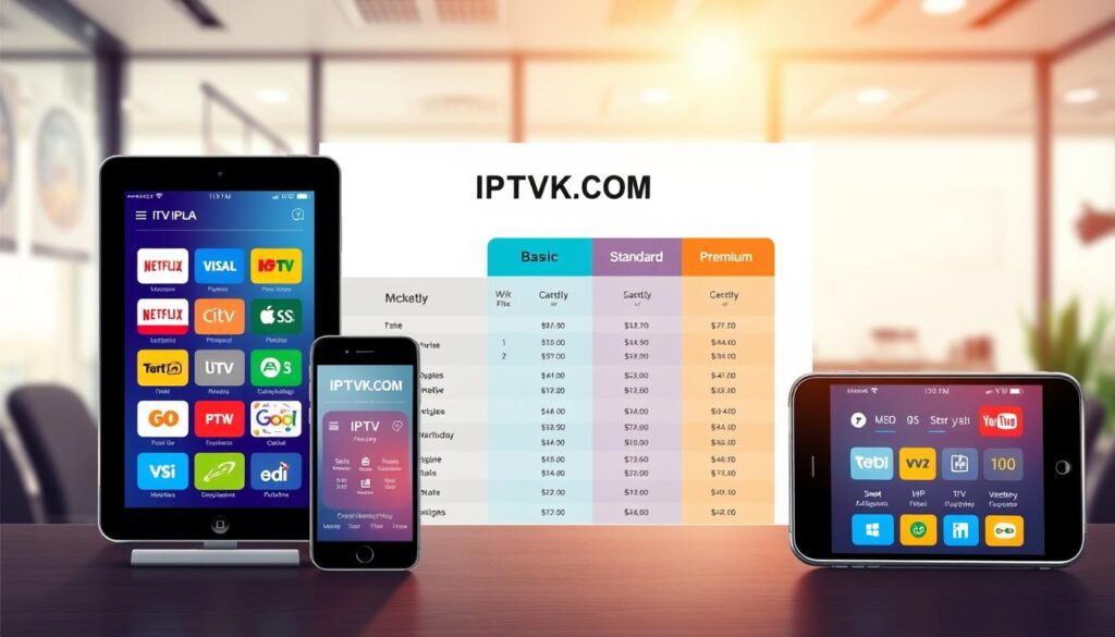 A highly detailed illustration of an IPTV pricing plans chart, prominently featuring the brand name "IPTVVUK.COM". In the foreground, sleek, modern tablet and smartphone devices displaying colorful icons representing various IPTV packages. In the middle, a well-structured pricing table with clear tiers such as Basic, Standard, and Premium, showcasing monthly prices and included features. The background is an office setting with a soft-focus, hinting at a productive work environment, lit with warm, natural light to create an inviting atmosphere. The overall mood is professional and informative, capturing attention while conveying clarity and accessibility in IPTV service options. The angle should be slightly elevated to provide an overview of the pricing table while emphasizing the devices in the foreground, without any text or watermarks.
