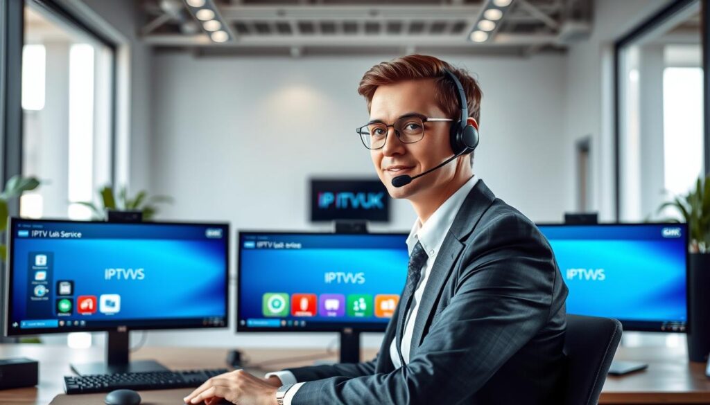 A modern IPTV customer support scene set in a sleek, contemporary office environment. In the foreground, a professional customer support agent, dressed in smart business attire, sits at a desk with multiple computer screens displaying IPTV service interfaces and troubleshooting guides. The agent is focused, using a headset, embodying helpfulness and expertise. In the middle ground, several colorful IPTV service icons are displayed prominently on the screens. The background features a clean, modern office with soft, natural lighting filtering through large windows, enhancing the inviting atmosphere. A subtle brand logo, "IPTVVUK.COM," is integrated into one of the screens. The overall mood is professional and supportive, highlighting the crucial role of customer service in choosing an IPTV provider.