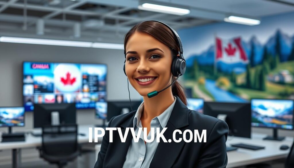 A modern IPTV customer support scene showcasing a professional representative assisting a customer. In the foreground, a friendly individual wearing business attire, communicating via a headset, exudes a helpful demeanor. The middle layer depicts a sleek, modern office environment filled with computers displaying IPTV interfaces and customer service software. In the background, subtle elements like a large screen showing IPTV channels and a wall adorned with digital art related to Canadian landscapes create a vibrant atmosphere. The lighting is bright yet soft, focusing on the support representative while giving an inviting feel to the workspace. Overall, the image conveys professionalism, accessibility, and technological advancement, prominently featuring the brand name "IPTVVUK.COM" seamlessly integrated into the setting. A modern IPTV customer support scene showcasing a professional representative assisting a customer. In the foreground, a friendly individual wearing business attire, communicating via a headset, exudes a helpful demeanor. The middle layer depicts a sleek, modern office environment filled with computers displaying IPTV interfaces and customer service software. In the background, subtle elements like a large screen showing IPTV channels and a wall adorned with digital art related to Canadian landscapes create a vibrant atmosphere. The lighting is bright yet soft, focusing on the support representative while giving an inviting feel to the workspace. Overall, the image conveys professionalism, accessibility, and technological advancement, prominently featuring the brand name "IPTVVUK.COM" seamlessly integrated into the setting.