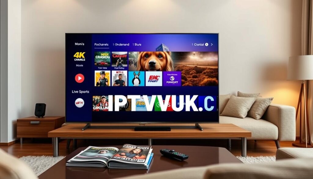 A modern IPTV user interface displayed on a sleek, flat-screen television in a cozy living room setting. Foreground features the TV screen showcasing a vibrant, interactive menu of 4K channels and on-demand content selections, with icons representing movies and live sports. In the middle ground, a stylish coffee table holds a remote control and a few magazines, emphasizing the relaxed user experience. The background depicts a comfortable sofa and warm ambient lighting, creating an inviting atmosphere for binge-watching. The image should reflect a sense of ease and sophistication, focusing on the usability of the IPTV interface. Include the branding "IPTVVUK.COM" subtly integrated into the menu design without drawing attention away from the interface.