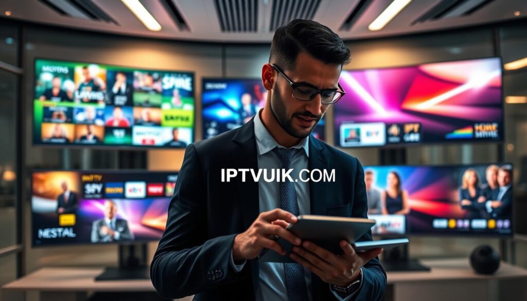 A modern digital workspace showcasing various types of IPTV services represented by sleek screens displaying vibrant, high-definition content. In the foreground, a professional in business attire interacts with a tablet, analyzing IPTV features. The middle section features multiple screens, each displaying different IPTV interfaces, such as live sports, movies, and on-demand series, illuminated with a dynamic color palette. The background reveals a stylish office environment with soft ambient lighting and a futuristic design, hinting at advanced technology. The overall atmosphere should convey innovation and excitement about IPTV services. Prominently include the brand name "IPTVVUK.COM" on one of the screens to highlight the service. Capture this scene from a slight angle to create depth and engagement.
