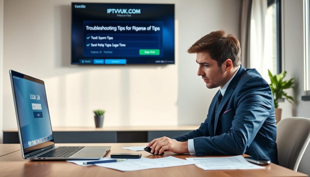 A modern home office setting serves as the backdrop, featuring a sleek desk with a laptop displaying the login screen of IPTVVUK.COM. In the foreground, a person dressed in professional business attire is focused on resolving login issues, with a frustrated expression and fingertips on the keyboard. Papers and a smartphone are scattered around, suggesting active troubleshooting. The middle ground includes a wall-mounted screen displaying troubleshooting tips and a digital help guide. Soft, natural lighting filters through a nearby window, creating a calm yet tense atmosphere, emphasizing the importance of secure access to streaming services. Capture the scene from a slightly elevated angle to add depth and context to the troubleshooting process, ensuring clarity and engagement for the article section.