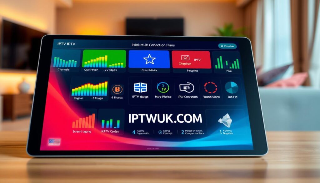 A modern, informative illustration of IPTV multi-connection plans comparison featuring a sleek, digital presentation. In the foreground, a high-tech tablet displays colorful graphs and charts representing various IPTV subscription plans from providers, including the brand name "IPTVVUK.COM". In the middle, icons representing different features like channels, pricing, and streaming quality are arranged in a visually engaging way. The background shows a softly blurred living room setting, with a cozy ambiance created by warm lighting, giving a sense of comfort and convenience. The scene is captured from a slight angle to add depth, emphasizing the modern technology theme, while maintaining a professional and straightforward atmosphere suitable for an article.