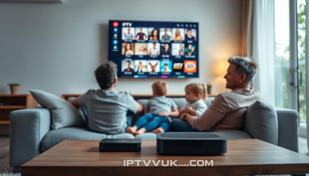 A modern living room scene showcasing a family enjoying IPTV services on a large flat-screen TV. In the foreground, two adults and a child are seated on a stylish sofa, engrossed in a vibrant streaming interface filled with colorful thumbnails of popular shows. The middle ground highlights a sleek device and remote control on a minimalist coffee table labeled with the brand "IPTVVUK.COM." In the background, soft, ambient lighting creates a warm atmosphere, with subtle accents of nature through a window. Use a cozy angle from slightly above, capturing the family's expressions of joy and engagement. The image should convey a sense of comfort and modernity, appealing to the evolving preferences of Canadian cord-cutters.