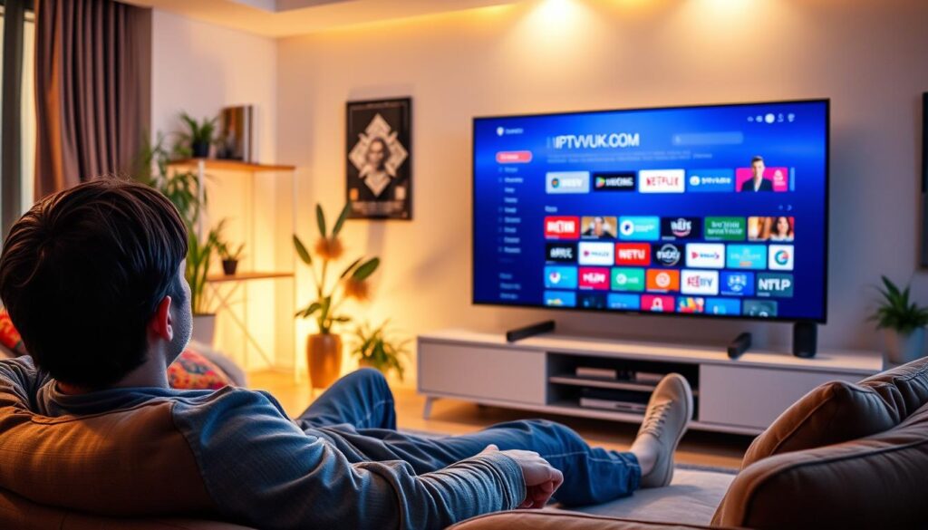 A modern living room scene showcasing a person comfortably watching a streaming service on a large smart TV, illuminated by soft, warm lighting. The foreground features a couch adorned with colorful cushions, emphasizing relaxation. In the middle, the TV displays a sleek interface for "IPTVVUK.COM," showcasing various genres and content options. In the background, stylish decor includes potted plants and a bookshelf filled with entertainment media, enhancing the home environment. The angle captures both the viewer's engagement with the screen and the inviting ambiance of the room. The mood is cozy and innovative, reflecting the essence of digital entertainment seamlessly integrated into everyday life.