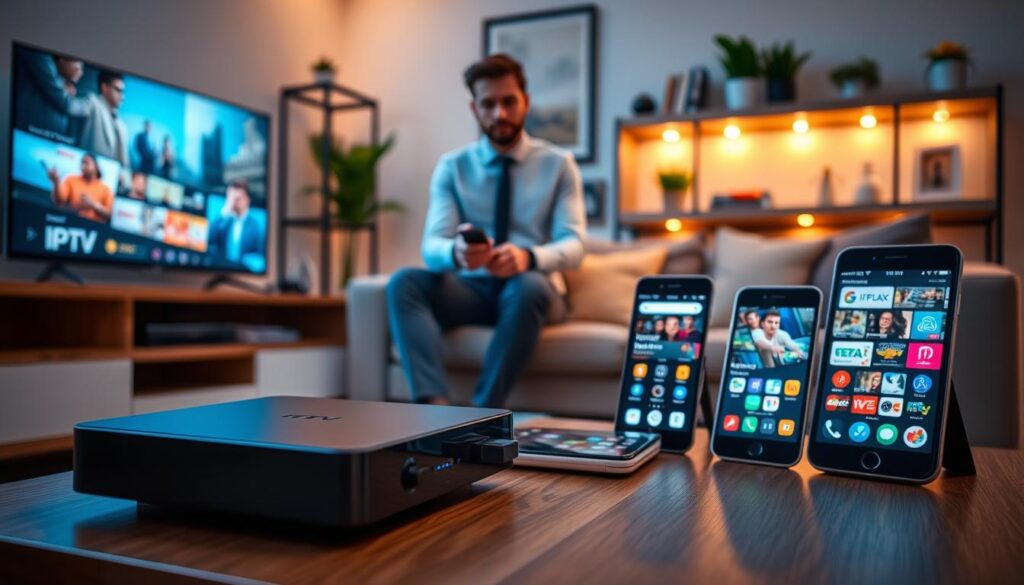 A modern living room scene showcasing various IPTV devices compatible with "IPTVVUK.COM". In the foreground, a sleek IPTV set-top box with illuminated status lights sits on an elegant entertainment unit. Adjacent are a smart TV, a tablet, and a smartphone displaying vibrant IPTV content. In the middle ground, a user interacts with a remote control, dressed in smart casual attire. The background features a cozy couch, softly lit by warm ambient lighting, with shelves displaying tech books and decorative plants. The camera angle focuses on the devices, creating a dynamic depth of field, emphasizing their compatibility. The mood is inviting and tech-savvy, highlighting the ease of setup and connection in a contemporary home environment.