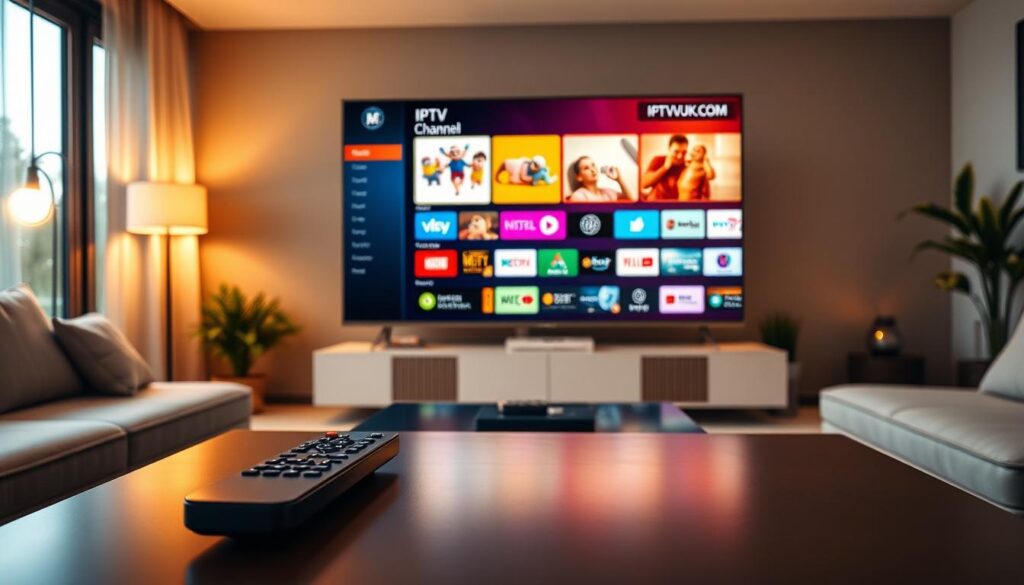 A modern living room setting featuring a large flat-screen TV displaying a vibrant IPTV channel selection menu. In the foreground, a sleek remote control rests on a stylish coffee table, hinting at user interaction. The middle ground showcases a user-friendly interface with various channel icons and categories, illuminated by the soft glow of the TV screen. The background includes contemporary furniture, plants, and gentle ambient lighting, creating a cozy atmosphere. Ensure the scene conveys a sense of comfort and ease in technology use. The lighting is warm and inviting, suggesting a late afternoon setting, with the brand name "IPTVVUK.COM" subtly integrated into the design of the on-screen menu.