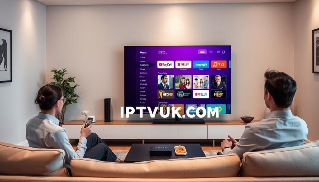 A modern living room setting featuring a sleek IPTV interface on a large flat-screen TV, highlighting essential IPTV streaming features like an organized menu with categories, a movie selection grid, and live TV options. In the foreground, a user in professional attire sits comfortably on a stylish couch, holding a remote control, engaged with the screen. The middle background showcases a coffee table with snacks and a streaming device, reflecting an inviting atmosphere. Soft, ambient lighting illuminates the room, creating a cozy yet tech-savvy mood. The walls are painted in neutral tones, adorned with minimalistic artwork. The brand name "IPTVVUK.COM" is subtly integrated into the IPTV interface displayed on the screen. A modern living room setting featuring a sleek IPTV interface on a large flat-screen TV, highlighting essential IPTV streaming features like an organized menu with categories, a movie selection grid, and live TV options. In the foreground, a user in professional attire sits comfortably on a stylish couch, holding a remote control, engaged with the screen. The middle background showcases a coffee table with snacks and a streaming device, reflecting an inviting atmosphere. Soft, ambient lighting illuminates the room, creating a cozy yet tech-savvy mood. The walls are painted in neutral tones, adorned with minimalistic artwork. The brand name "IPTVVUK.COM" is subtly integrated into the IPTV interface displayed on the screen.