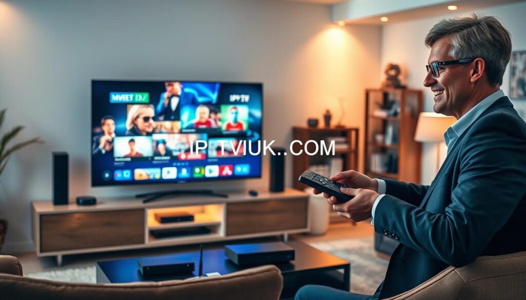 A modern living room setting featuring a sleek, contemporary television displaying vibrant streaming content, symbolizing IPTV technology. In the foreground, a person in professional business attire is happily using a remote control, illuminated by soft, warm lighting that creates a welcoming atmosphere. In the middle ground, a stylish media console houses a high-tech IPTV receiver connected to various devices like a laptop and gaming console. The background showcases a cozy, inviting ambiance with a tastefully decorated bookshelf and framed artwork. The overall mood is dynamic and engaging, capturing the essence of home entertainment through IPTV. The brand name "IPTVVUK.COM" subtly displayed on the television screen, ensuring a professional look without distractions.