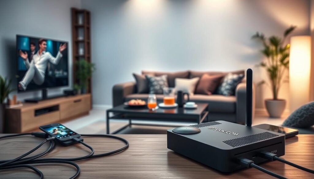 A modern living room setting showcasing IPTV device compatibility. In the foreground, a sleek, black IPTV device with the brand name "IPTVVUK.COM" prominently displayed. Surrounding the device, connected cables leading to a smart TV, tablet, and smartphone. In the middle ground, a cozy couch with plush cushions and a stylish coffee table holding snacks and drinks, depicting a comfortable streaming environment. The background features a well-lit room with soft, ambient lighting creating a warm atmosphere. A decorative plant in one corner adds a touch of greenery. The overall mood is inviting and tech-savvy, highlighting a premium entertainment experience, captured in a slightly elevated angle for depth. A modern living room setting showcasing IPTV device compatibility. In the foreground, a sleek, black IPTV device with the brand name "IPTVVUK.COM" prominently displayed. Surrounding the device, connected cables leading to a smart TV, tablet, and smartphone. In the middle ground, a cozy couch with plush cushions and a stylish coffee table holding snacks and drinks, depicting a comfortable streaming environment. The background features a well-lit room with soft, ambient lighting creating a warm atmosphere. A decorative plant in one corner adds a touch of greenery. The overall mood is inviting and tech-savvy, highlighting a premium entertainment experience, captured in a slightly elevated angle for depth.