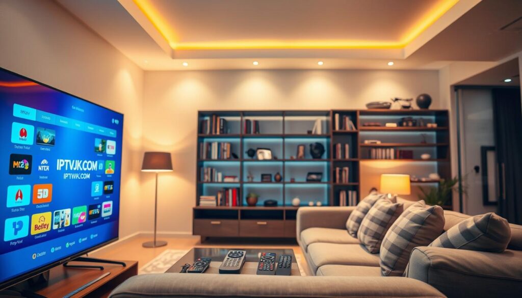 A modern living room setting showcasing IPTV streaming technology. In the foreground, a sleek television displays a vibrant interface with various streaming channels, prominently featuring the logo "IPTVVUK.COM". In the middle, a comfortable sofa with several remote controls casually placed nearby invites viewers to engage with the technology. Behind the sofa, a stylish bookshelf filled with books and decorative items adds depth to the scene. The lighting is warm and inviting, with soft overhead lights casting a cozy ambiance. The angle captures the room from a slightly elevated perspective, emphasizing the integration of technology into everyday life. The atmosphere is relaxed and contemporary, ideal for illustrating the concept of IPTV streaming.
