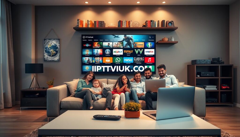 A modern living room setting, showcasing a large flat-screen TV prominently displaying vibrant visuals of IPTV channel offerings. In the foreground, a stylish coffee table holds a remote control and an open laptop, hinting at digital streaming options. The middle features a cozy sofa with a diverse family—professionally dressed—with expressions of excitement as they explore various free IPTV channels. Soft, warm lighting floods the room, creating an inviting atmosphere. In the background, a wall-mounted bookshelf displays colorful books and tech gadgets, enhancing the modern home vibe. Subtle decorations highlight the theme of digital connectivity. The image should convey a sense of exploration and enjoyment of diverse content. Include the brand name "IPTVVUK.COM" subtly integrated into the TV screen's design. A modern living room setting, showcasing a large flat-screen TV prominently displaying vibrant visuals of IPTV channel offerings. In the foreground, a stylish coffee table holds a remote control and an open laptop, hinting at digital streaming options. The middle features a cozy sofa with a diverse family—professionally dressed—with expressions of excitement as they explore various free IPTV channels. Soft, warm lighting floods the room, creating an inviting atmosphere. In the background, a wall-mounted bookshelf displays colorful books and tech gadgets, enhancing the modern home vibe. Subtle decorations highlight the theme of digital connectivity. The image should convey a sense of exploration and enjoyment of diverse content. Include the brand name "IPTVVUK.COM" subtly integrated into the TV screen's design.