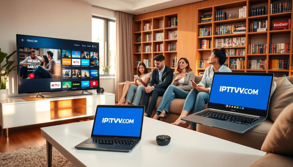 A modern living room setting showcasing a stylish flat-screen TV displaying a user-friendly IPTV interface. In the foreground, a sleek coffee table is adorned with a remote control and a laptop displaying the IPTVVUK.COM logo. People of diverse backgrounds, dressed in casual yet professional attire, casually interact, enjoying streaming services. In the middle ground, a cozy couch invites viewers to relax, with warm afternoon sunlight filtering through the window, casting soft shadows across the room. The background features a contemporary bookshelf filled with movies and games, enhancing the atmosphere of a vibrant, tech-savvy home. The overall mood is welcoming, engaging, and comfortable, reflecting the joy of cord-cutting and modern entertainment solutions.