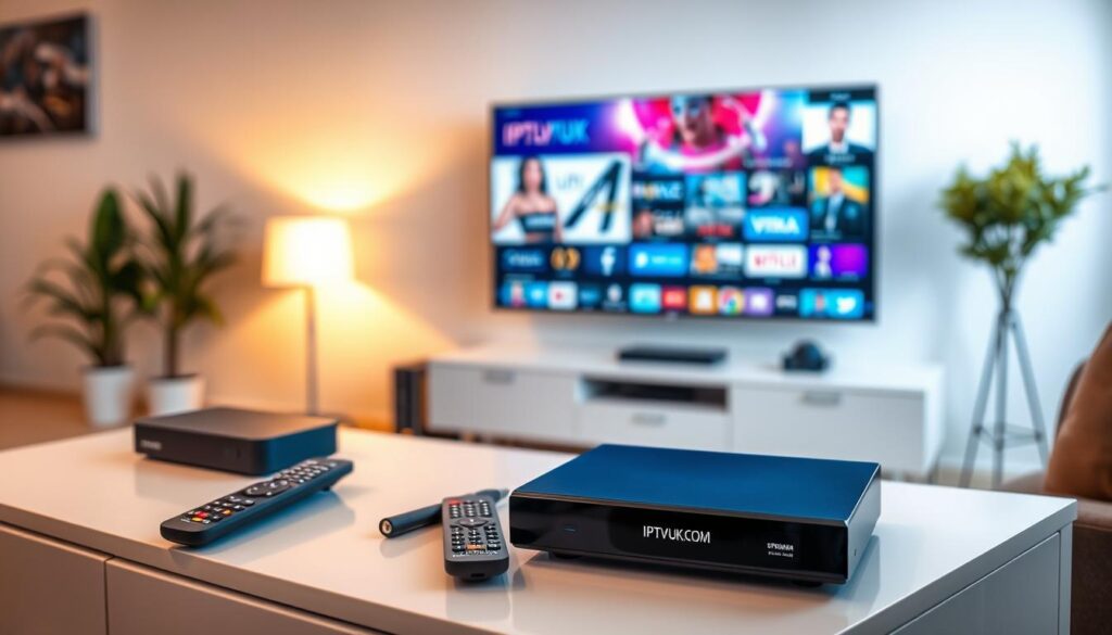 A modern living room setting showcasing various IPTV devices on a sleek, minimalist entertainment unit. In the foreground, a stylish IPTV set-top box labeled "IPTVVUK.COM" sits prominently, surrounded by a remote control and streaming accessories. The middle ground features a large flat-screen TV displaying vibrant visuals from popular streaming platforms, emphasizing the ease of access to diverse content. In the background, soft ambient lighting creates a warm and inviting atmosphere, with a cozy couch and decorative plants enhancing the homey feel. The composition is captured from a slightly elevated angle, allowing for a comprehensive view of the setup. The overall mood is relaxed yet tech-savvy, perfectly illustrating the essential features of IPTV premium services for streaming enthusiasts. A modern living room setting showcasing various IPTV devices on a sleek, minimalist entertainment unit. In the foreground, a stylish IPTV set-top box labeled "IPTVVUK.COM" sits prominently, surrounded by a remote control and streaming accessories. The middle ground features a large flat-screen TV displaying vibrant visuals from popular streaming platforms, emphasizing the ease of access to diverse content. In the background, soft ambient lighting creates a warm and inviting atmosphere, with a cozy couch and decorative plants enhancing the homey feel. The composition is captured from a slightly elevated angle, allowing for a comprehensive view of the setup. The overall mood is relaxed yet tech-savvy, perfectly illustrating the essential features of IPTV premium services for streaming enthusiasts.