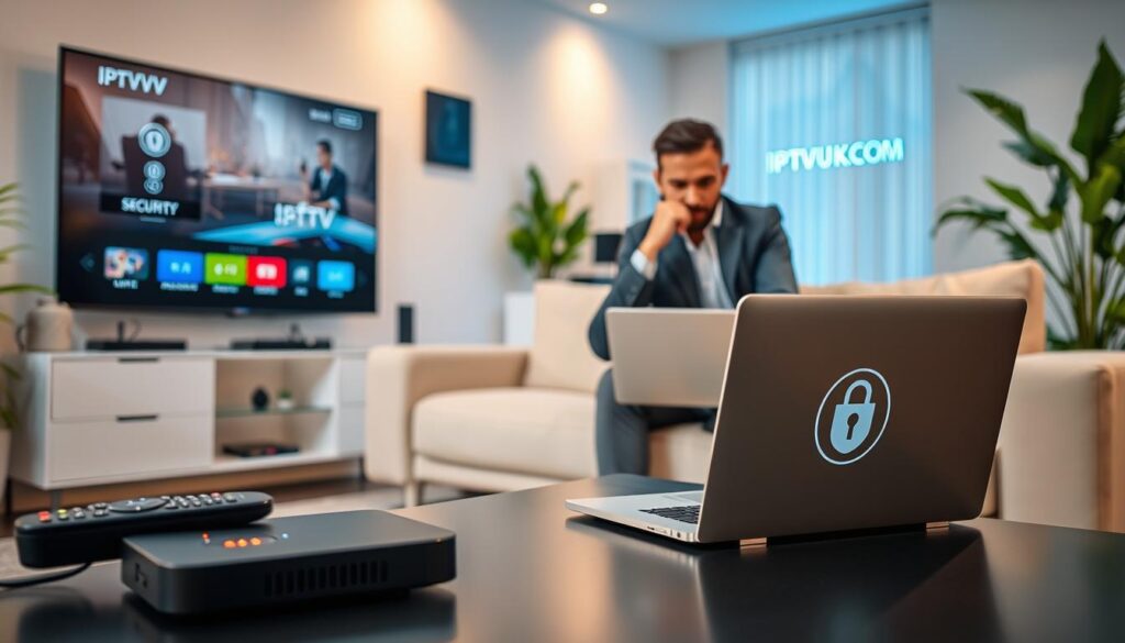 A modern living room setting with a large smart TV displaying a sleek IPTV user interface. In the foreground, a carefully arranged tech setup includes a remote control, a digital security device with LED indicators, and a laptop showing a secure connection symbol. The middle ground features a stylish sofa where a professional-looking individual, dressed in smart casual attire, is thoughtfully examining IPTV security features on the laptop. The background consists of a softly lit room with greenery and tech accessories, creating a cozy yet high-tech atmosphere. Use soft, warm lighting to emphasize a sense of security and comfort while incorporating subtle branding elements like "IPTVVUK.COM" on the screen. Focus on a clean, organized visual aesthetic that highlights safety and privacy in digital streaming.