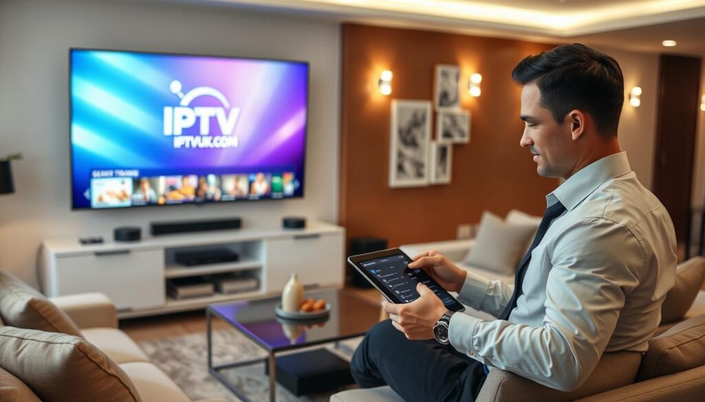 A modern living room setting with a sleek television displaying a vibrant interface of IPTV streaming services, featuring the logo "IPTVVUK.COM". In the foreground, a professional adult in smart casual attire is adjusting settings on a tablet, optimizing their streaming experience. The middle ground includes cozy furniture with a stylish coffee table, surrounded by streaming devices. In the background, soft ambient lighting creates a warm atmosphere, complemented by intelligent lighting fixtures and a well-decorated wall. The scene is captured from a slightly elevated angle, giving a comprehensive view of the room while maintaining a focus on the user’s interaction with technology. The mood is relaxed yet focused, reflecting the enjoyment and efficiency of IPTV streaming.