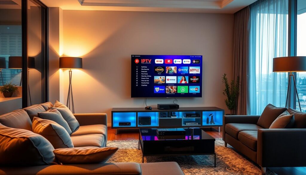 A modern living room setup featuring a sleek, high-definition television displaying an IPTV interface, showcasing channels available through IPTVVUK.COM. In the foreground, a comfortable sofa with plush cushions, a coffee table with a remote control, and a stylish rug. In the middle ground, a well-organized AV cabinet with a digital media player and streaming device, cables neatly arranged. The room is illuminated by warm, soft lighting from elegant lamps, creating a cozy atmosphere. In the background, a large window with natural light filtering through, revealing a hint of a vibrant Quebec cityscape. The overall mood is inviting and tech-savvy, reflecting a contemporary approach to home entertainment without any text or distractions.