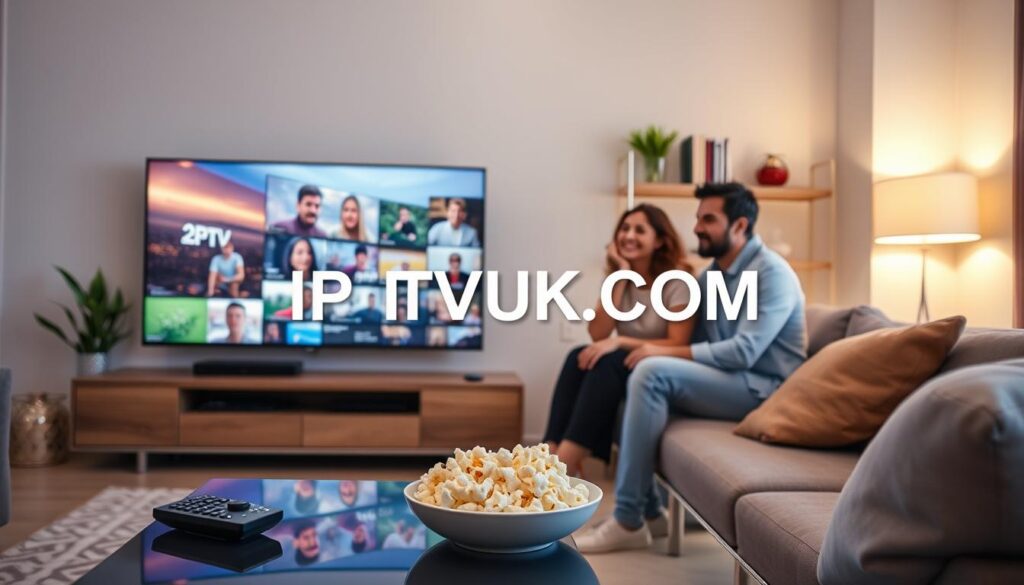 A modern living room setup with a sleek flat-screen TV displaying high-quality IPTV streaming visuals, showcasing vibrant colors and sharp images. In the foreground, a stylish coffee table with a remote control and a bowl of popcorn, adding a cozy feel. The middle ground features a family enjoying the content, dressed in modest casual attire, smiling and engaged with the program. In the background, soft ambient lighting creates a warm atmosphere, with decorative shelves displaying books and plants. Use a wide-angle lens to capture the entire scene. The mood is inviting and family-friendly, highlighting the enjoyment of IPTV services. Include the brand name "IPTVVUK.COM" subtly integrated into the scene as part of the TV display, ensuring the focus remains on the streaming quality.