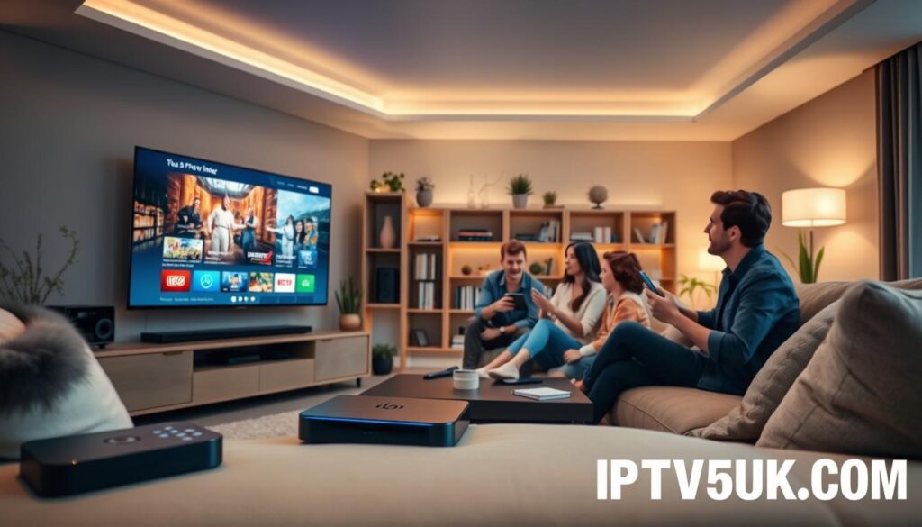 A modern living room showcasing the benefits of IPTV for consumers. In the foreground, a family of four, dressed in smart casual attire, is engaged with a large, sleek flat-screen TV displaying vibrant streaming content. The middle ground features various high-tech devices like a streaming box, tablet, and smartphone, highlighting the accessibility and convenience of IPTV. Soft, warm lighting fills the room, creating a welcoming atmosphere. The background shows a cozy, well-decorated space with a bookshelf and plants, reinforcing a sense of home. The mood is one of enjoyment and connection. Incorporate the brand "IPTVVUK.COM" subtly as part of the decor in the room, ensuring it blends naturally with the overall scene.