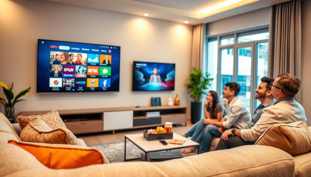 A modern living room showcasing the concept of IPTV service, featuring a sleek flat-screen TV displaying various streaming applications. In the foreground, a comfortable couch adorned with colorful cushions, and a coffee table with a remote control and snacks. The middle section includes a stylish entertainment unit with decorative elements and a digital device like a streaming box labeled "IPTVVUK.COM". The background shows a well-lit space with natural light streaming through large windows. Use warm, inviting lighting to create a cozy atmosphere. The scene captures a family or a group of friends in smart casual attire, happily watching television together, emphasizing community and entertainment. Focus on a wide-angle view to encompass the room's inviting ambiance.