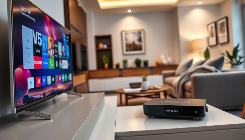 A modern living room showcasing the essential features of a quality TV IPTV Player. In the foreground, a sleek, high-definition smart TV displaying a user-friendly IPTV interface with vibrant icons representing live TV, on-demand content, and settings. A stylish media console below houses a compact IPTV player unit, elegantly designed, with subtle branding of "IPTVVUK.COM". In the middle background, a comfortable sofa with a plush throw and a decorative coffee table with a remote control and snacks, conveying a cozy atmosphere. Soft, warm lighting illuminates the room, creating an inviting mood. The background features a minimalistic decor, with framed artwork and indoor plants, enhancing the contemporary aesthetic. Perspective from a slightly angled viewpoint, capturing both the TV and the living space.