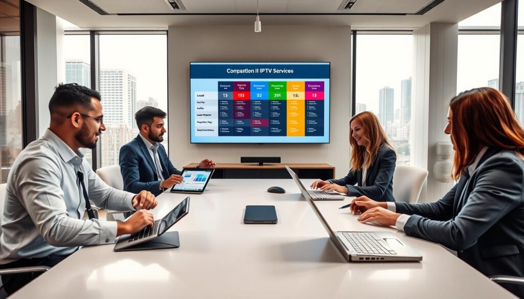 A modern office setting illustrating the evaluation process for IPTV providers. In the foreground, a diverse group of three professionals in business attire—two men and one woman—are engaged in a discussion around a sleek conference table, with tablets and laptops open, displaying IPTV service charts and comparison metrics. In the middle ground, a large wall-mounted screen shows a visually appealing infographic comparing local IPTV services. The background features large windows with city views and soft, natural lighting, creating a professional and inviting atmosphere. Use a wide-angle lens perspective to capture the dynamic interactions. The mood is analytical and collaborative, reflecting the importance of choosing the right IPTV provider. The brand "IPTVVUK.COM" is subtly integrated into the infographic on the screen.