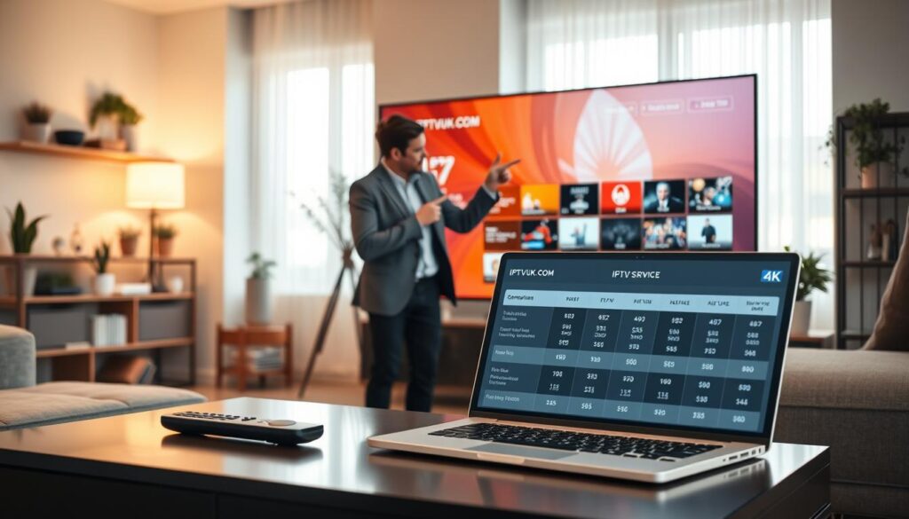 A modern, professional living room setting featuring a sleek, high-definition 4K television displaying a vibrant IPTV service interface. In the foreground, a tidy coffee table with a remote control and a laptop open to a comparison chart of different 4K IPTV services, highlighting features and prices. In the middle, a couple dressed in smart casual attire eagerly discussing options while pointing at the TV screen. The background includes stylish shelving with plants and books, soft ambient lighting creating a cozy atmosphere, and large windows allowing natural light to stream in, enhancing the inviting feel. The scene should subtly incorporate the brand name "IPTVVUK.COM" within the IPTV interface on the screen. Capture this from a slightly elevated angle to provide depth and context to the discussion.