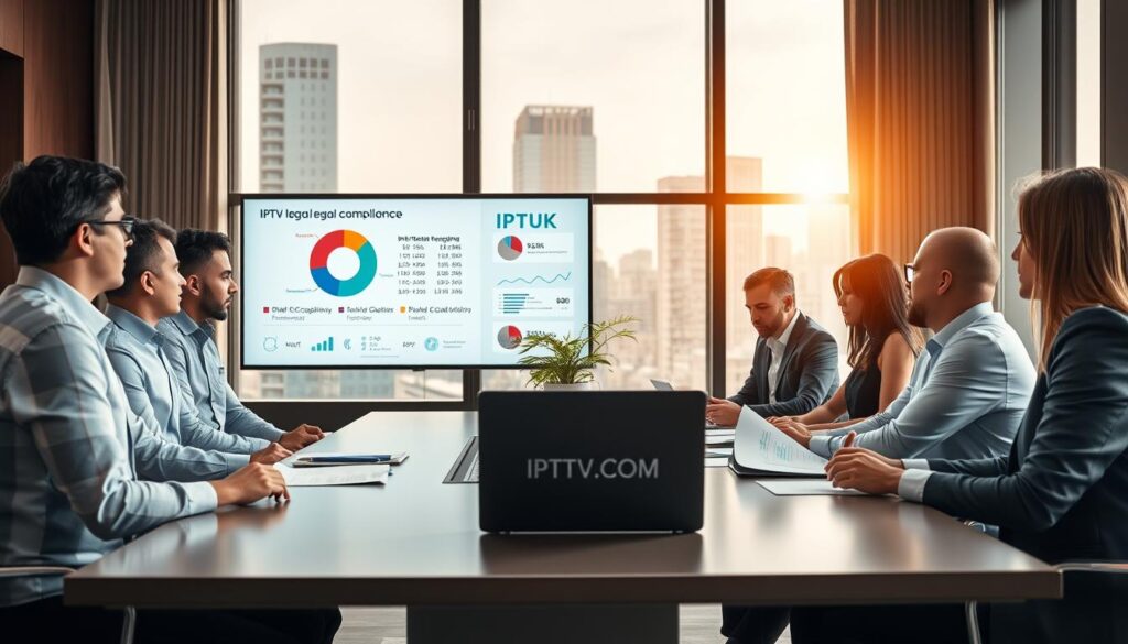A modern, professional office setting with a sleek conference table in the foreground. Seated at the table are diverse professionals in business attire, engaged in discussion about IPTV legal compliance, examining documents and a laptop displaying the website "IPTVVUK.COM". In the middle ground, a large screen shows a pie chart and statistics related to IPTV regulations while a potted plant adds a touch of greenery. The background features a floor-to-ceiling window with cityscape views, bathed in warm afternoon light, creating an atmosphere of focus and collaboration. The angle captures the professionals from a slightly elevated perspective, emphasizing the team dynamic and the seriousness of legal compliance in IPTV streaming.