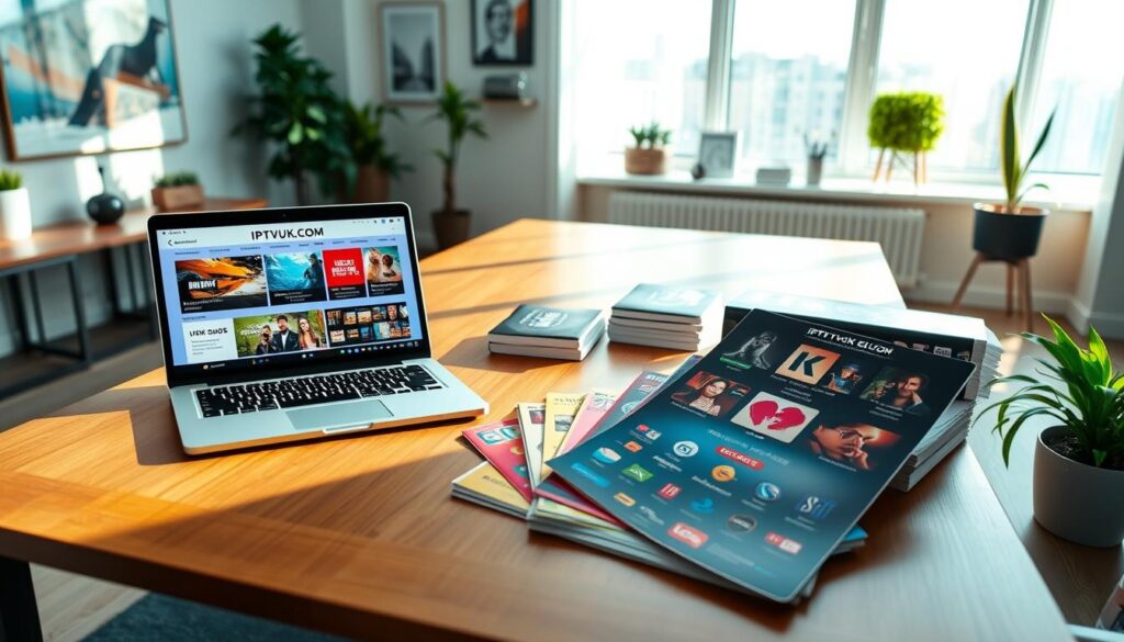 A modern workspace featuring a vibrant IPTV subscription guide on a sleek, wooden desk. The foreground includes an open laptop displaying an IPTVVUK.COM website, with bright visuals and information about various subscription plans. In the middle ground, there are colorful brochures with icons representing various TV shows, movies, and channels, some neatly stacked, others fanned out. The background features a large window allowing natural light to flood the scene, casting soft shadows across the desk, creating a warm and inviting atmosphere. The room is casually decorated with modern art and plants, enhancing the professional yet friendly mood. The composition is shot from a slightly elevated angle, emphasizing the organized layout of the guides and promotional materials.