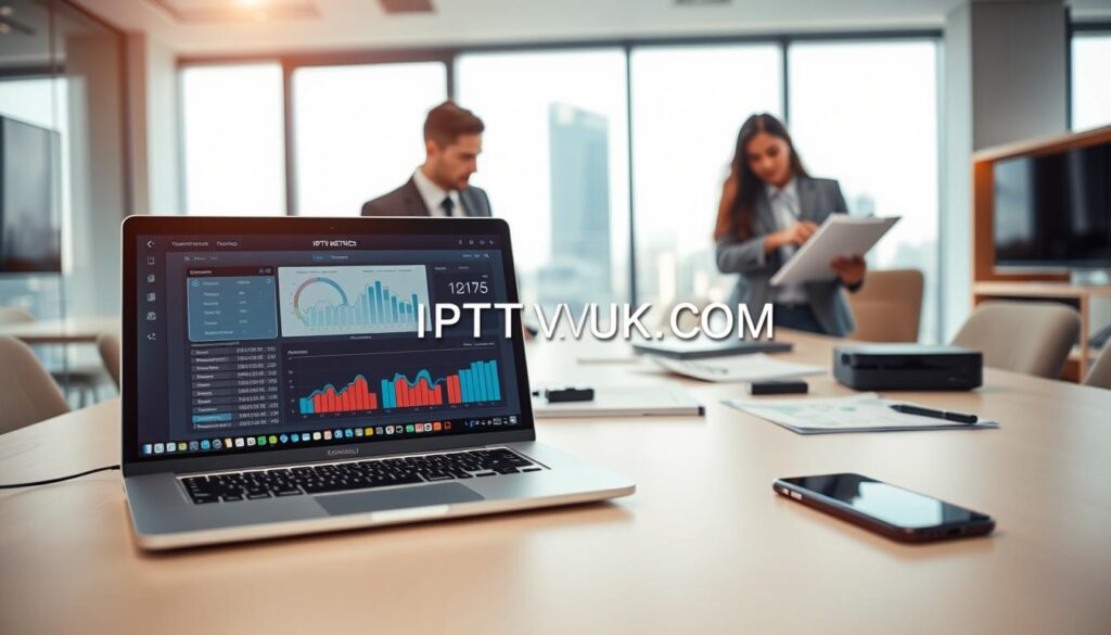 A modern workspace illustrating "IPTV service testing methodology." In the foreground, a sleek laptop with a testing interface displayed, showcasing IPTV metrics. Include a pair of professionals in business attire, one examining data on the screen and another taking notes on a clipboard. The middle ground features an organized desk with analytical charts, a streaming device, and a smartphone. The background presents a well-lit office environment with large windows, soft natural light, and a cityscape visible outside. Use a shallow depth of field to focus on the professionals and the laptop while softly blurring the background. The overall mood conveys a sense of focused collaboration and high-tech analysis, emphasizing the importance of rigorous testing in IPTV services. Add the branding "IPTVVUK.COM" subtly within the scene.