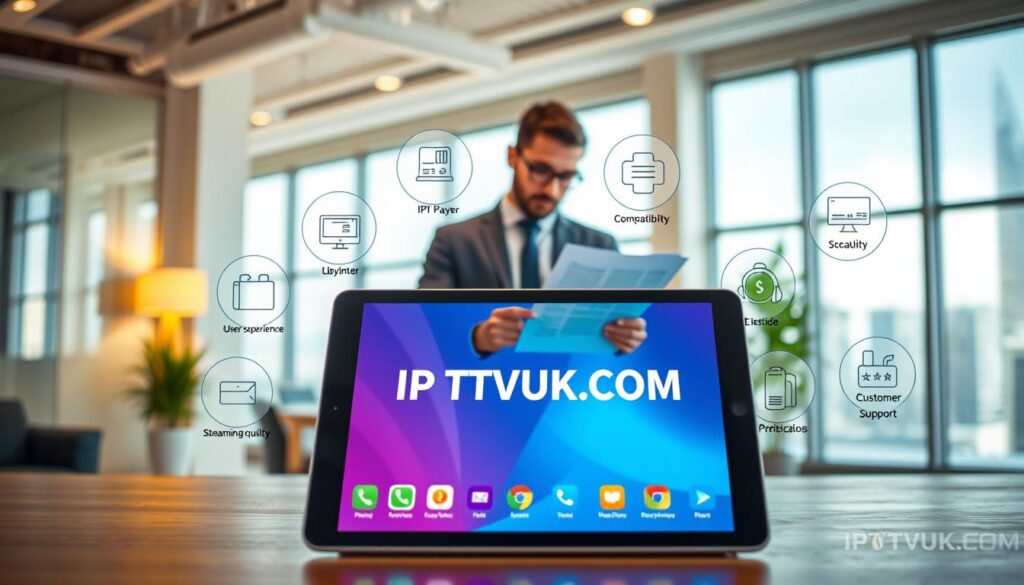 A modern workspace showcasing an assortment of IPTV player evaluation criteria. In the foreground, a sleek tablet displaying a vibrant IPTV player interface, surrounded by icons symbolizing features like user experience, compatibility, streaming quality, and customer support. In the middle ground, a professional individual dressed in business attire is analyzing documents and charts related to IPTV performance. The background features a contemporary office with large windows allowing natural light to flood the space, emphasizing a clean and organized environment. Warm, inviting colors create a positive atmosphere, suggesting efficiency and professionalism. The brand name "IPTVVUK.COM" is subtly incorporated into the tablet’s screen design, reflecting its relevance to the image's subject matter. A modern workspace showcasing an assortment of IPTV player evaluation criteria. In the foreground, a sleek tablet displaying a vibrant IPTV player interface, surrounded by icons symbolizing features like user experience, compatibility, streaming quality, and customer support. In the middle ground, a professional individual dressed in business attire is analyzing documents and charts related to IPTV performance. The background features a contemporary office with large windows allowing natural light to flood the space, emphasizing a clean and organized environment. Warm, inviting colors create a positive atmosphere, suggesting efficiency and professionalism. The brand name "IPTVVUK.COM" is subtly incorporated into the tablet’s screen design, reflecting its relevance to the image's subject matter.