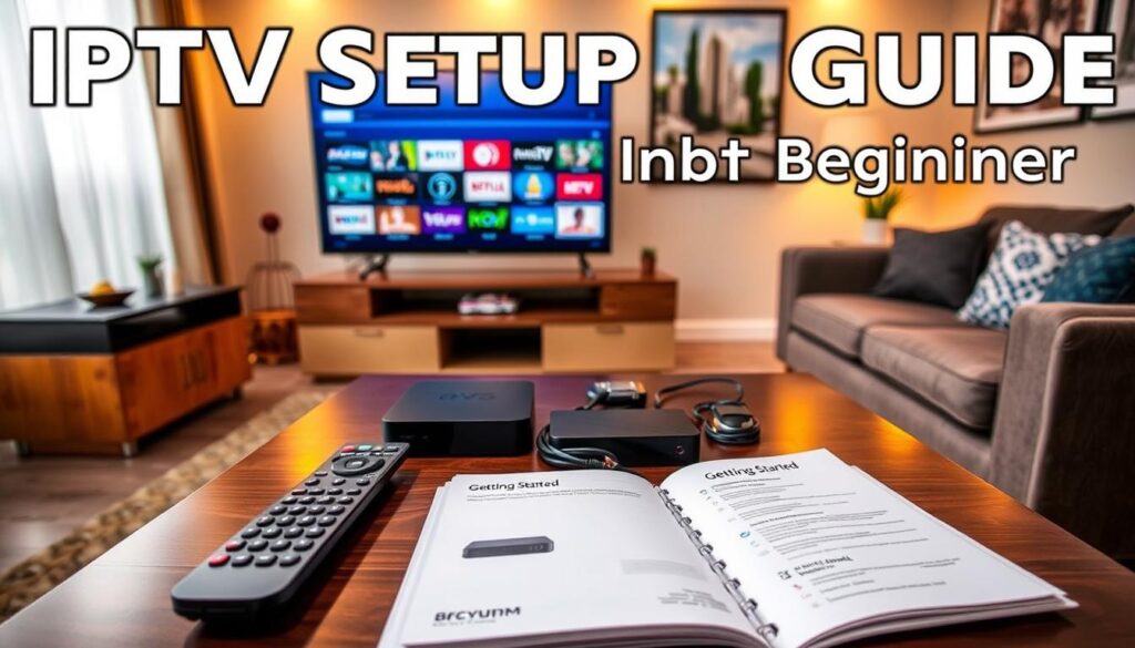 A professional and inviting image depicting an "IPTV setup guide" for beginners. In the foreground, a sleek modern television displays the IPTV interface, showcasing vibrant selections of channels. Beside the TV, a detailed remote control and a neatly organized user manual open to the "Getting Started" section. In the middle ground, a stylish coffee table holds essential devices like a streaming box and cables arranged neatly. In the background, a well-decorated living room gives a cozy atmosphere, with warm lighting highlighting a comfortable sofa and vibrant decor. The mood is approachable and informative, ideal for viewers eager to set up their IPTV service from IPTVVUK.COM. The angle is slightly elevated, capturing the entire setup as if inviting the viewer in to learn.