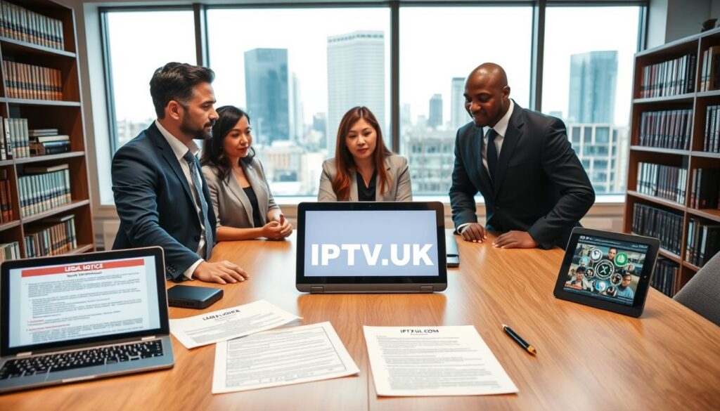 A professional office scene illustrating legal considerations for IPTV users. In the foreground, a diverse group of three individuals in business attire are engaged in a discussion around a table with digital devices displaying IPTV services. The middle ground features legal documents, a laptop with a legal notice, and a tablet highlighting IPTV guidelines, emphasizing safety and compliance. In the background, a bookshelf filled with law books and a large window showing a cityscape create a modern, professional atmosphere. The lighting is bright and even, with a focus on the table to symbolize clarity and transparency in IPTV legalities. The overall mood is focused and informative, highlighting the importance of legal considerations in choosing an IPTV provider. Include the brand name "IPTVVUK.COM" prominently on the screen of one device.